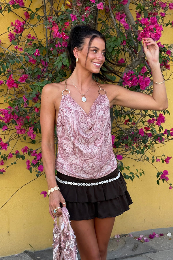 Printed Halter Chain Cowl Neck Top view 1