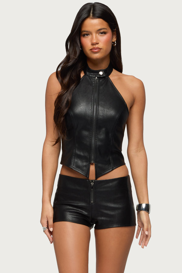 Diana Zip Up Faux Leather Halter Top view 1