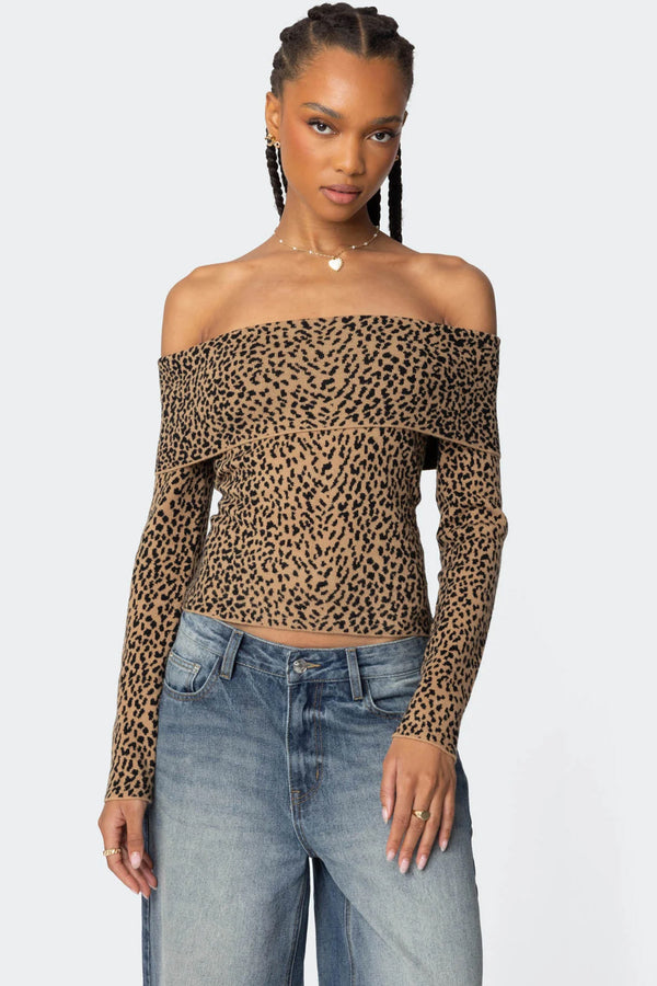 Leopard Printed Fold Over Knit Top view 1