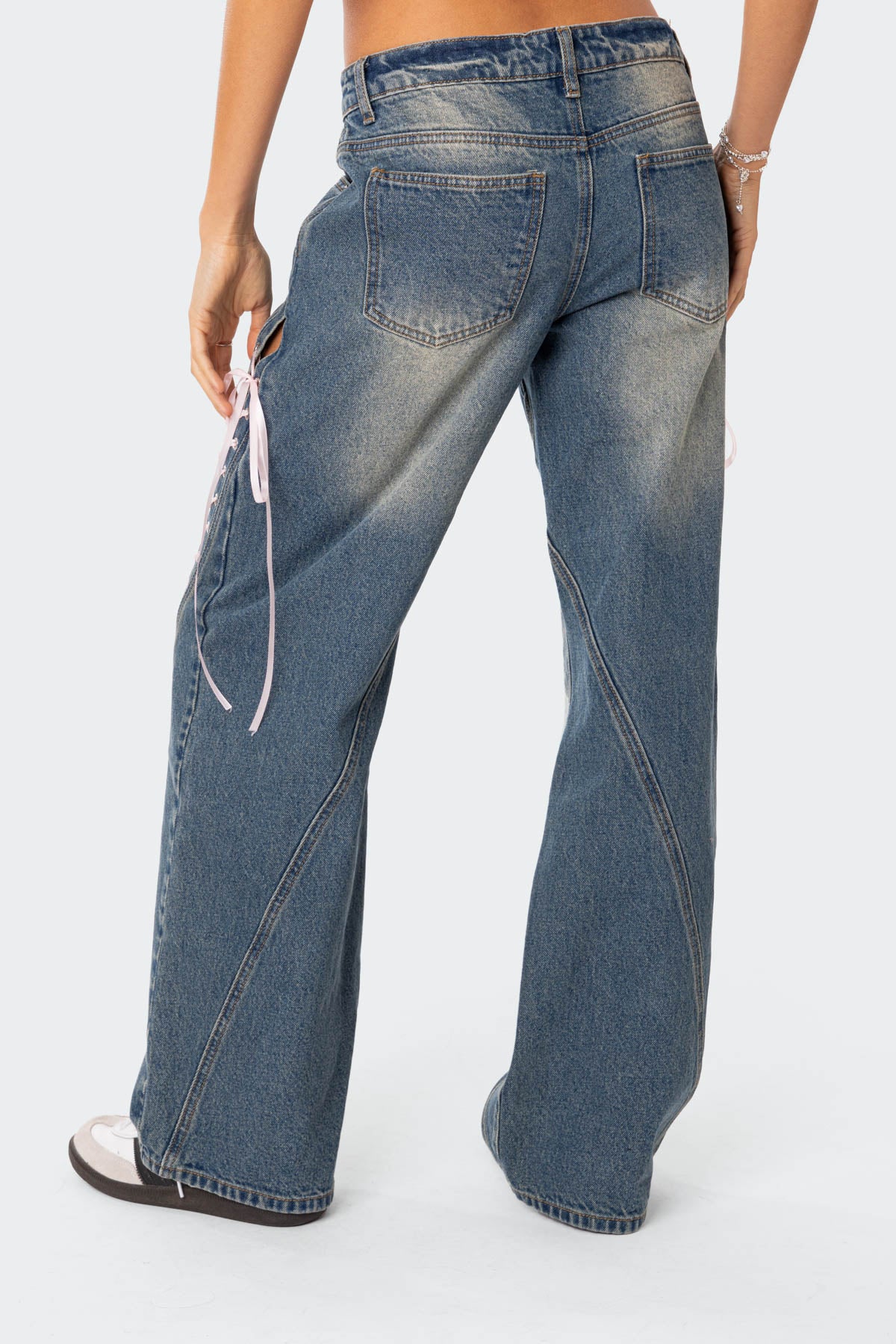 Ribbon Lace Up Low Rise Baggy Jeans
