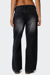 Petite Magda Acid Wash Low Rise Baggy Jeans