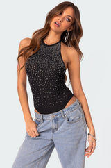 Open Back Mesh Rhinestone Bodysuit