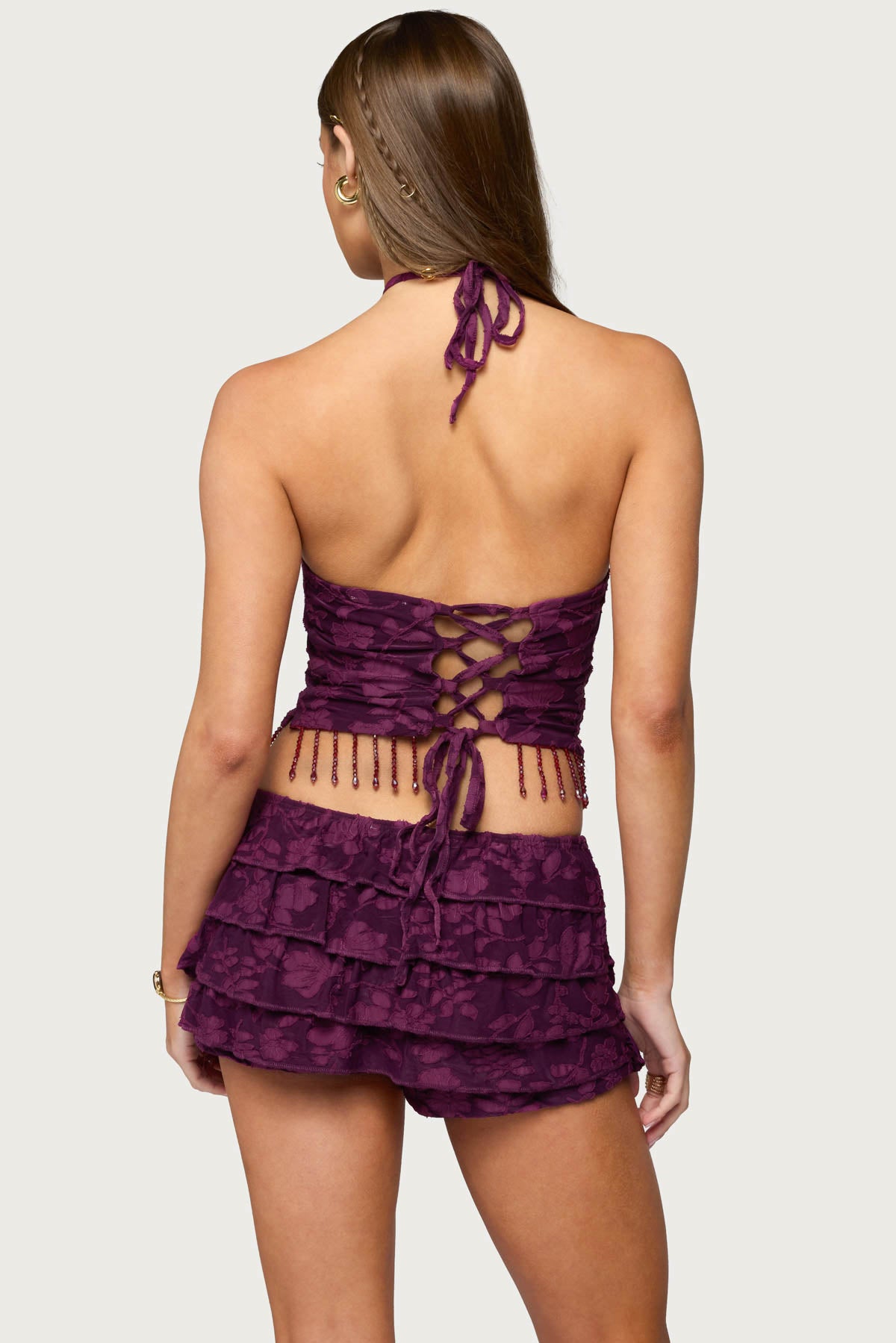 Keyla Bead Fringed Textured Halter Top