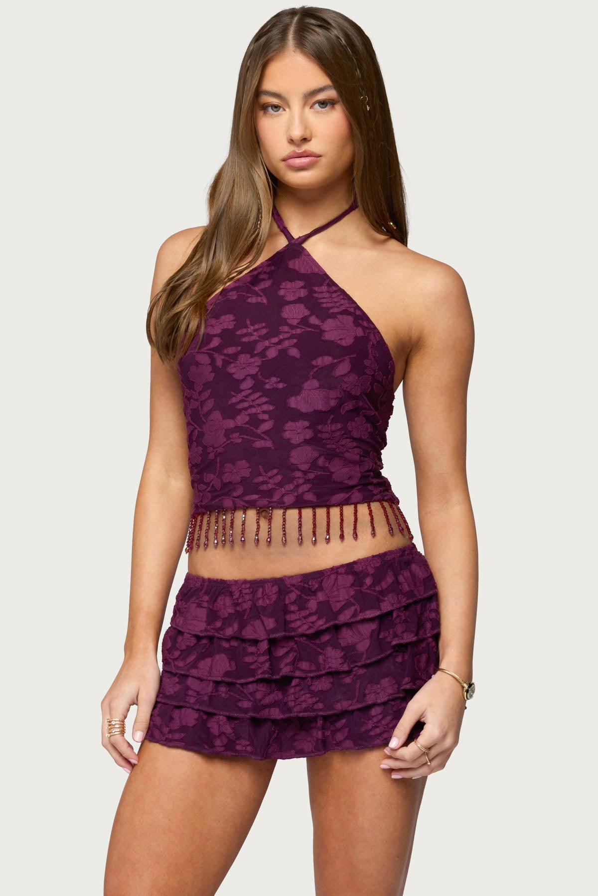 Keyla Bead Fringed Textured Halter Top