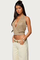 Sequin Crochet Backless Halter Top