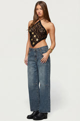 Gold Mirror Backless Crochet Halter Top