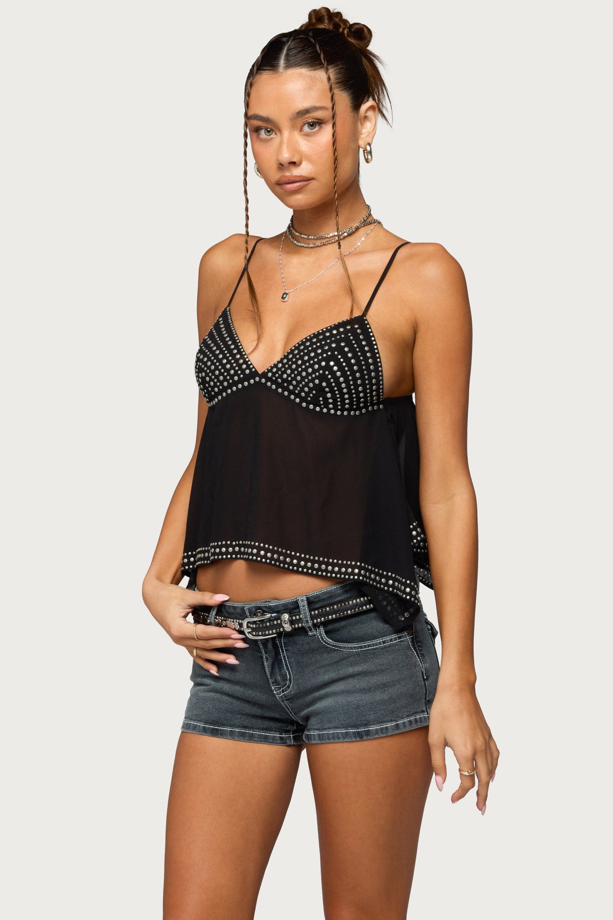 Studded Asymmetric Sheer Babydoll Top