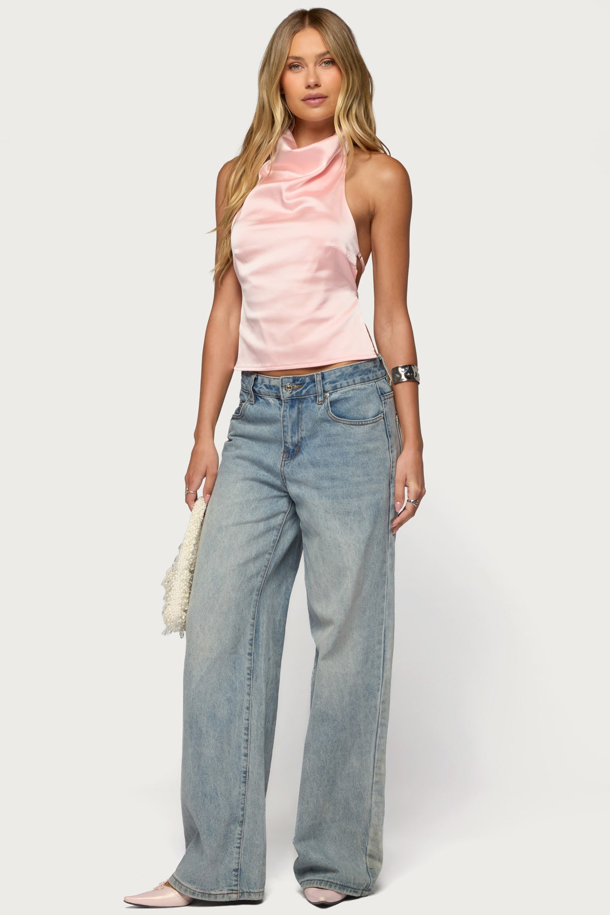 Satin Effect Backless Cowl Neck Top