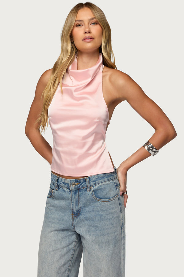 Satin Effect Backless Cowl Neck Top view 1