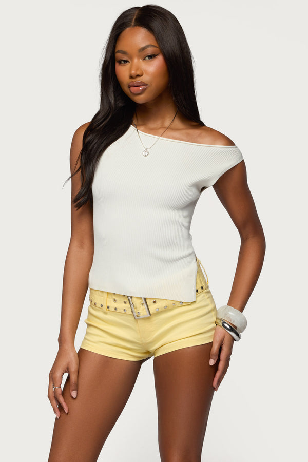 Myrah Asymmetric Off Shoulder Ribbed Knit Top view 1