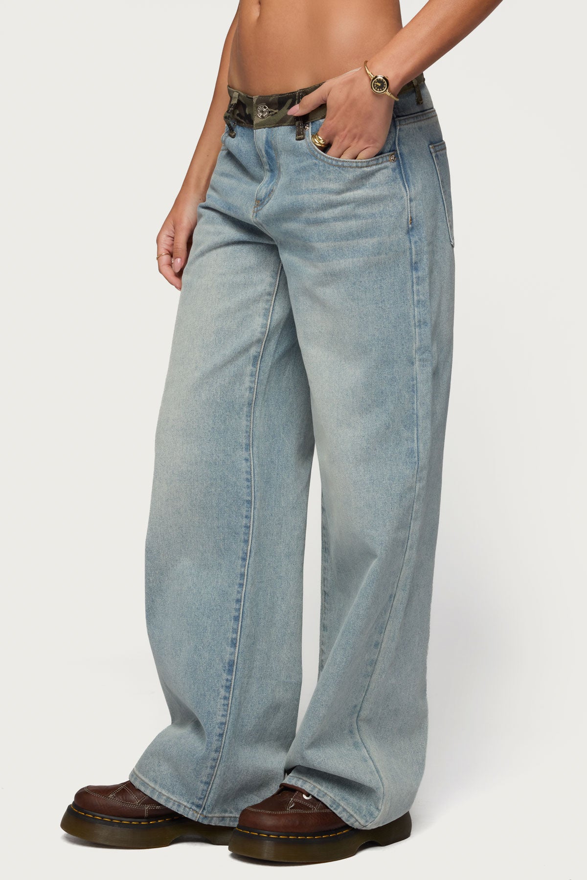 Camo Waist Low Rise Baggy Jeans