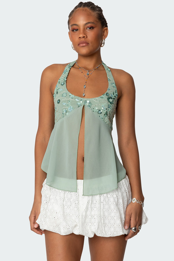 Sequin Chiffon Split Front Top view 1