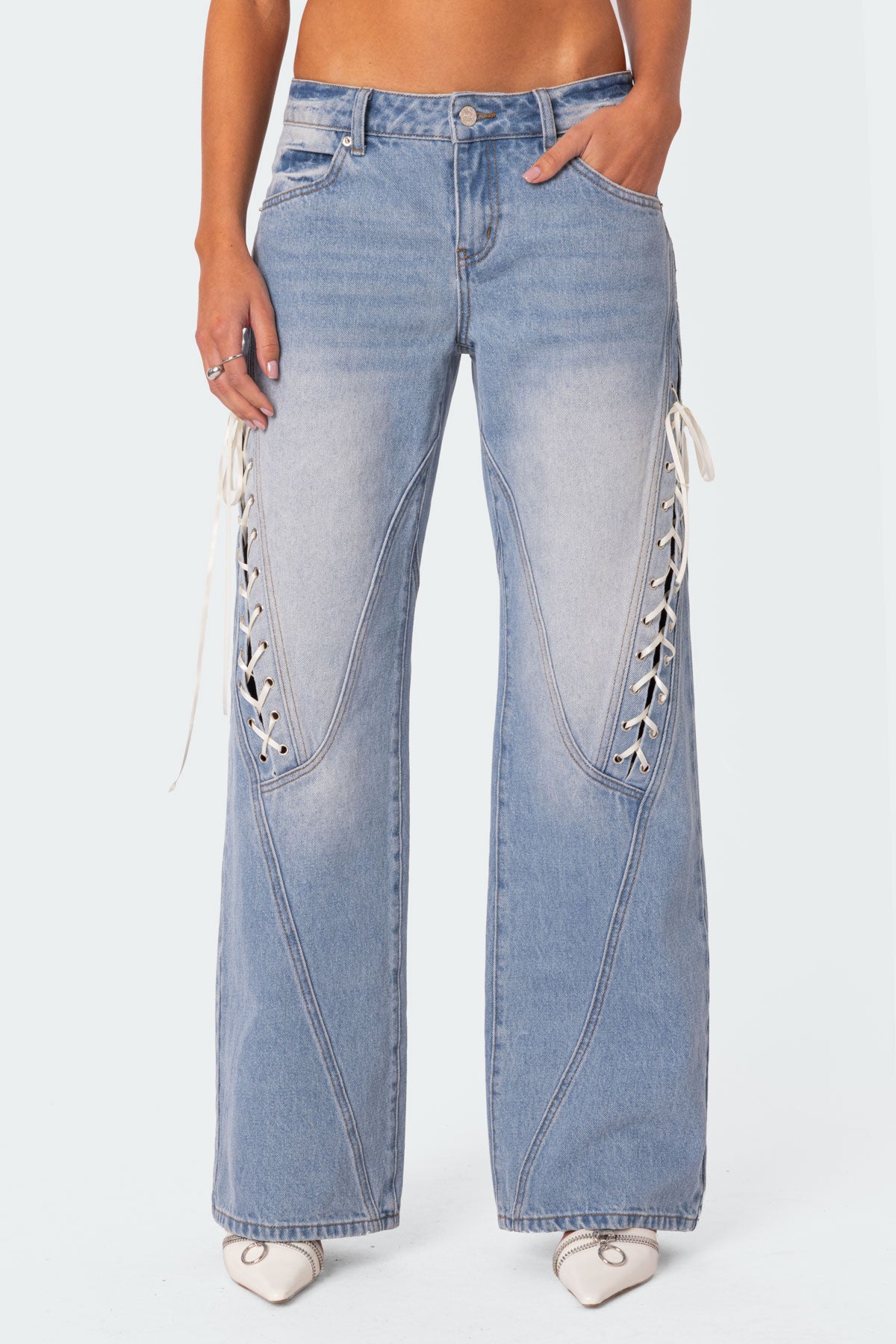Ribbon Lace Up Low Rise Baggy Jeans