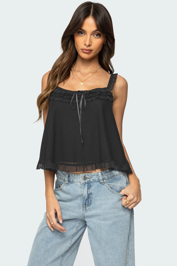 Ruffle Mesh Babydoll Tank Top view 1