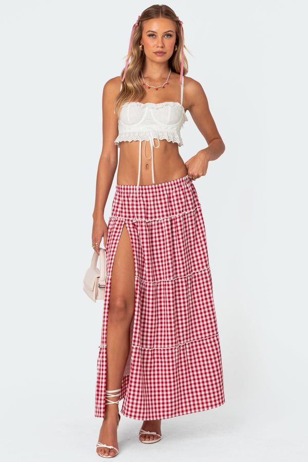 Gingham Side Slit Tiered Maxi Skirt view 1