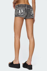 La Embroidered Low Rise Denim Shorts