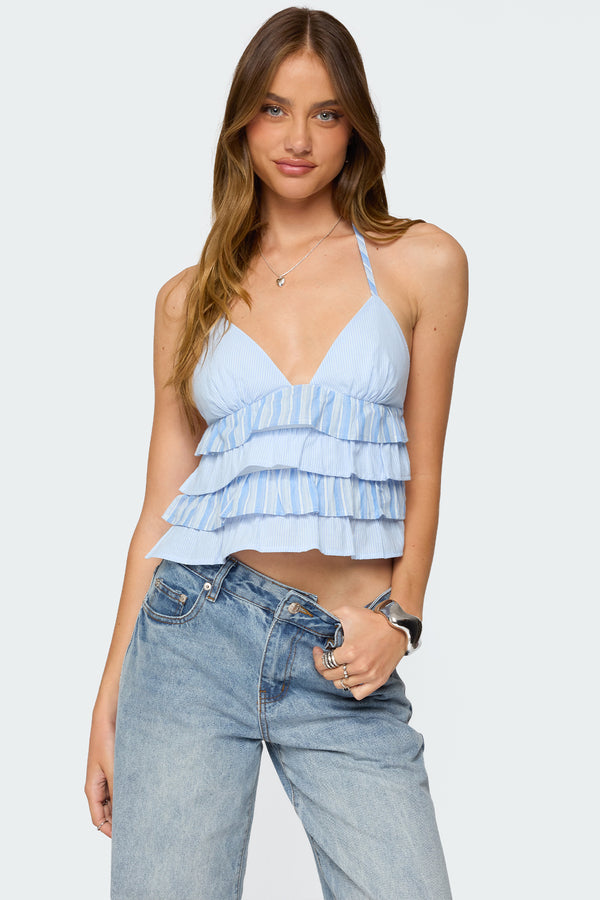 Tiered Ruffle Backless Striped Halter Top view 1