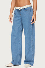 Floral Foldover Low Rise Baggy Jeans