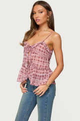 Chiffon Printed Tie Front Ruffle Top
