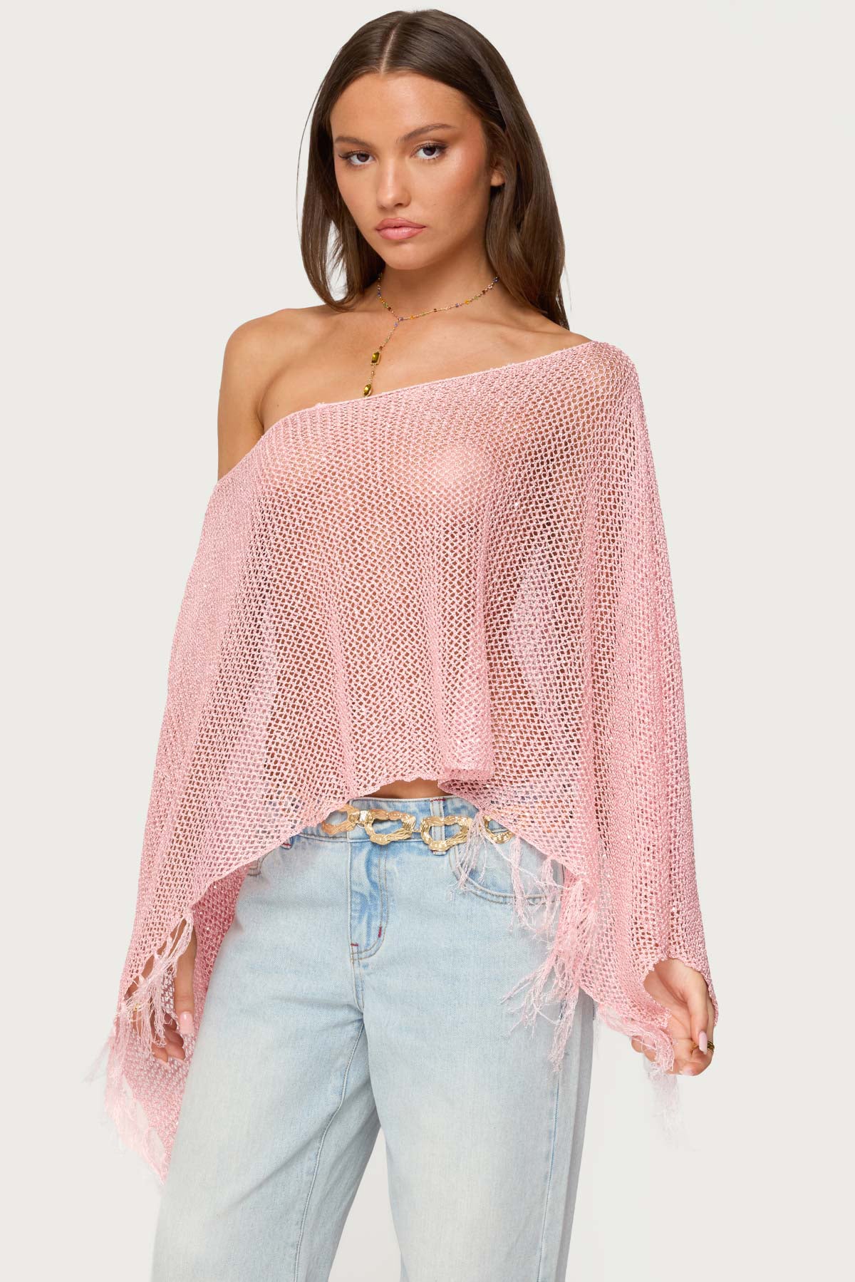 Sequin Fringe Knit Poncho