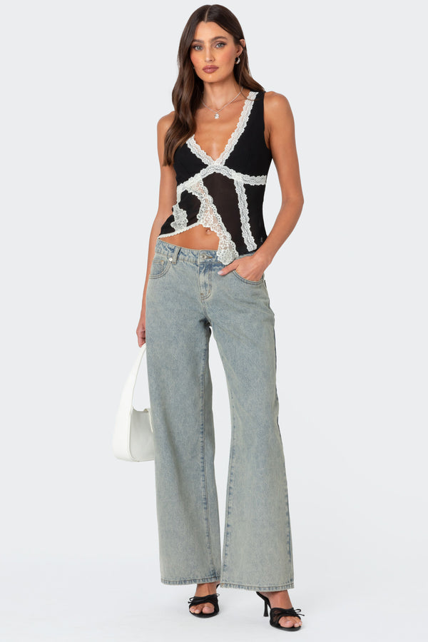 Chiffon & Lace Sheer Asymmetric Top view 2
