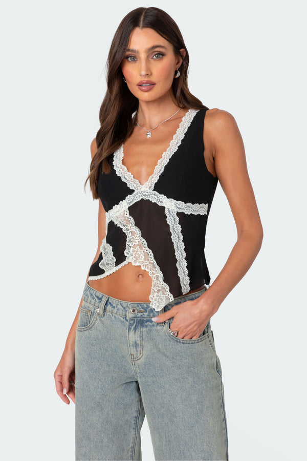 Chiffon & Lace Sheer Asymmetric Top view 1