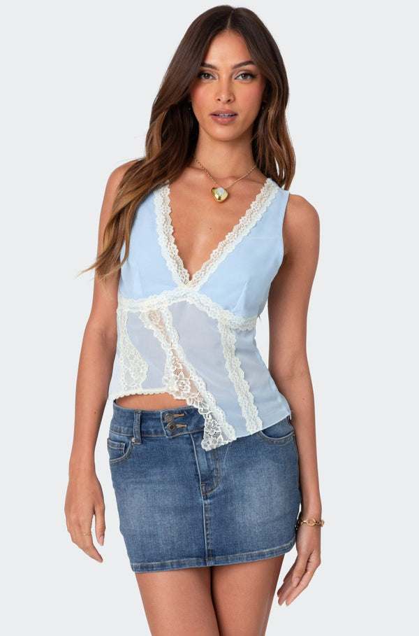 Chiffon & Lace Sheer Asymmetric Top view 1