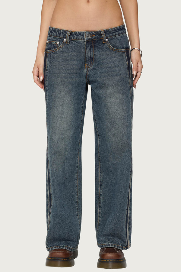 Petite Contrast Panel Low Rise Baggy Jeans view 2