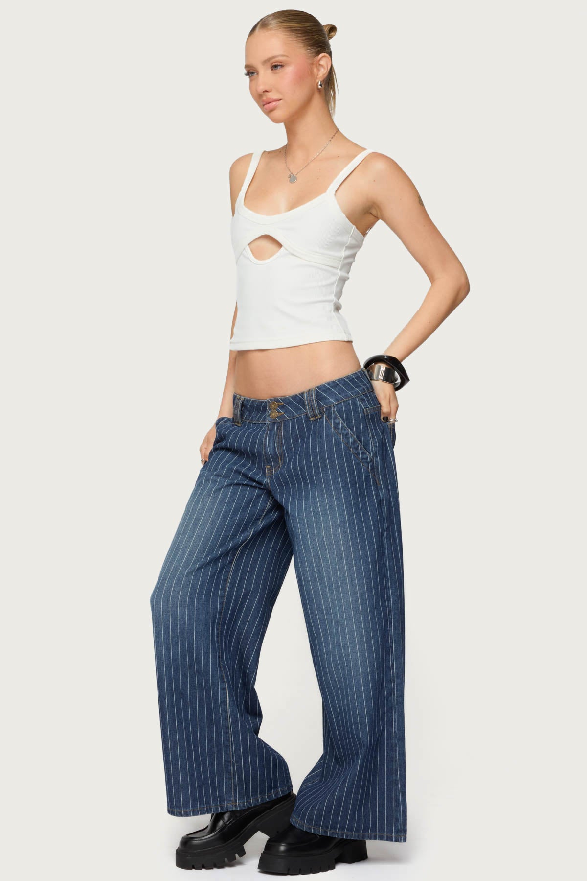 Petite Cory Striped Low Rise Baggy Jeans