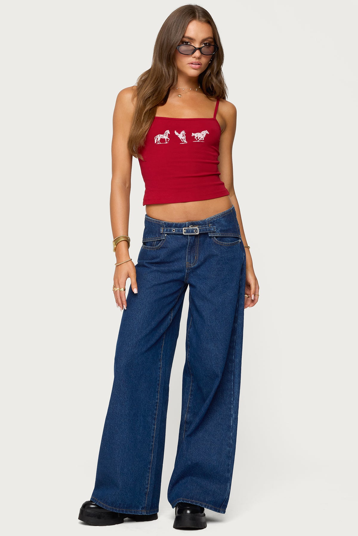 Edie Belt Detail Low Rise Baggy Jeans