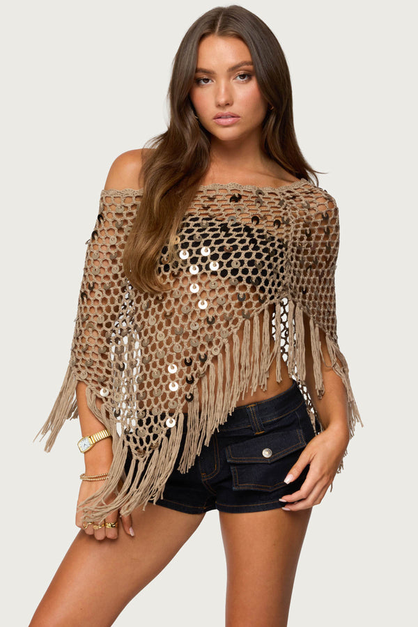 Fringe Sequin Crochet Poncho view 1