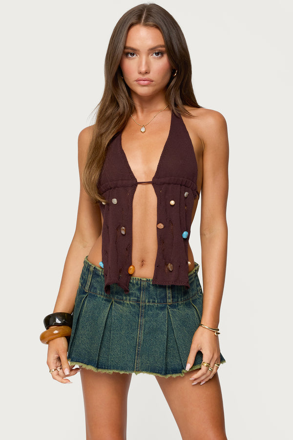 Beaded Distressed Knit Split Front Top view 1