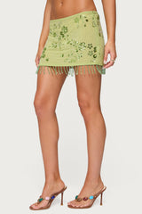 Sheer Sequin Bead Fringed Mini Skirt