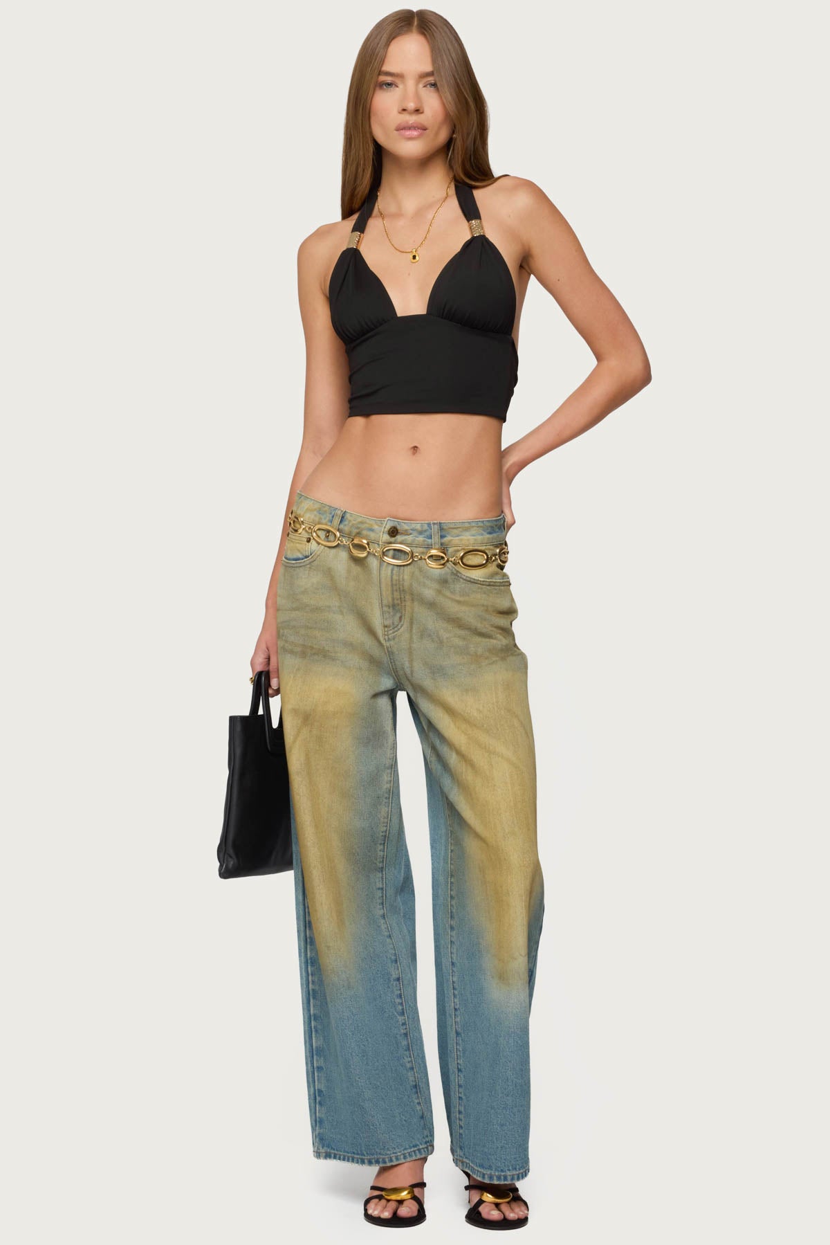Aiva Backless Plunge Neck Halter Top