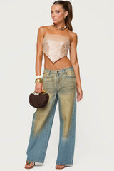 Sequin Backless Triangle Strapless Top