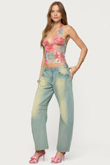 Catie Printed Mesh Halter Top