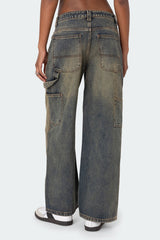 Contrast Panel Washed Mid Rise Baggy Jeans