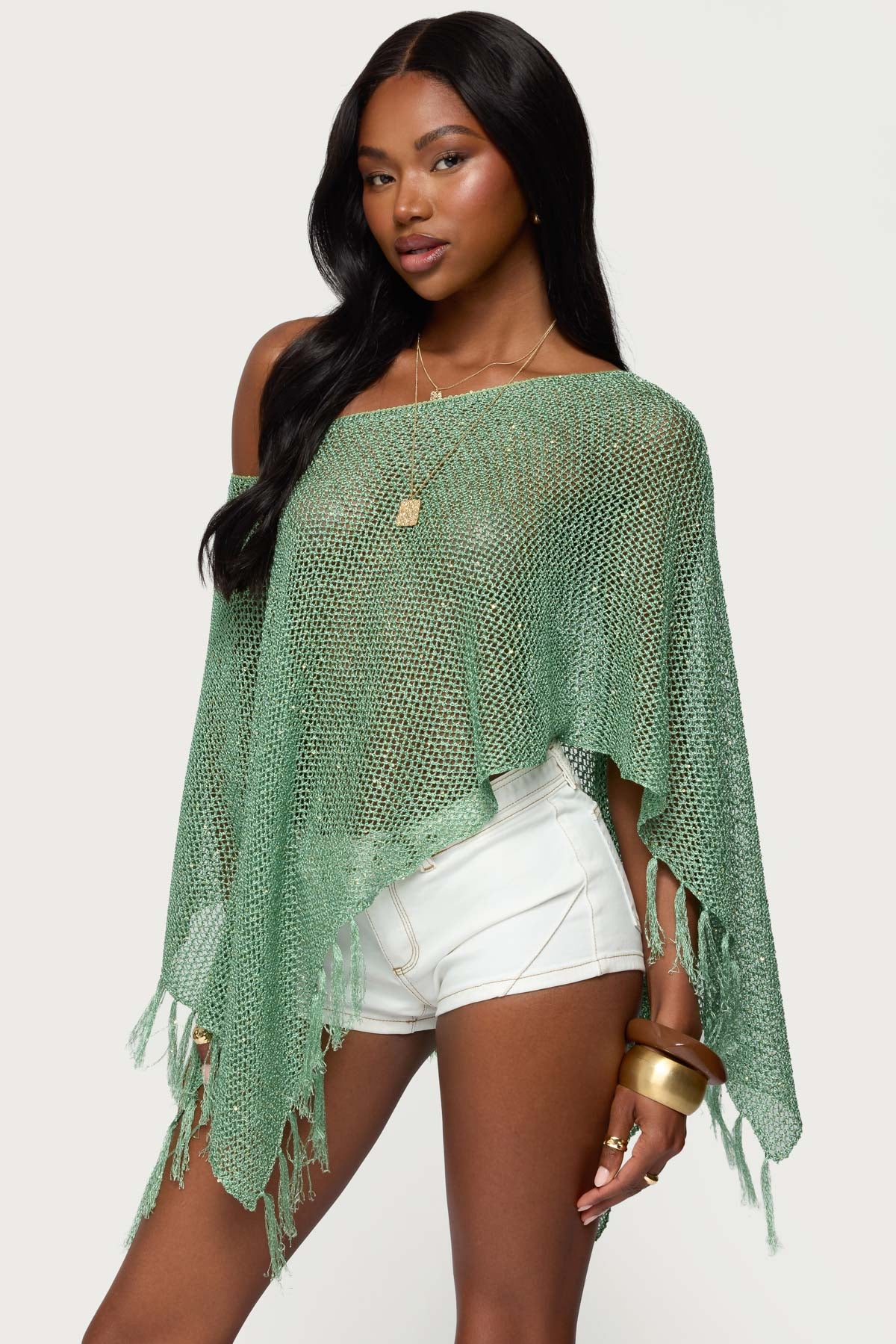Sequin Fringe Knit Poncho