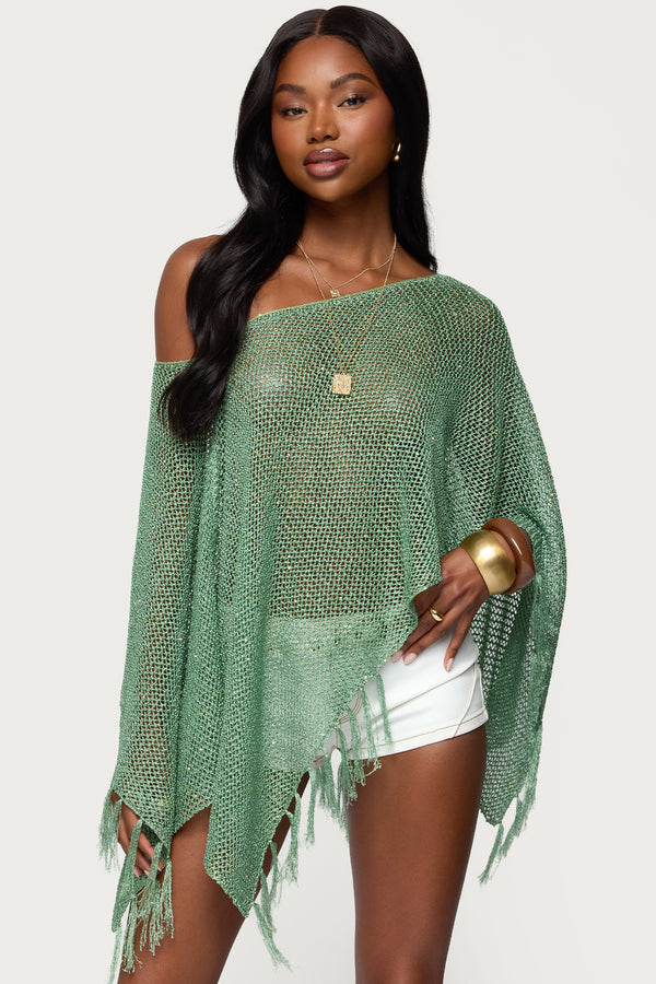 Sequin Fringe Knit Poncho view 2