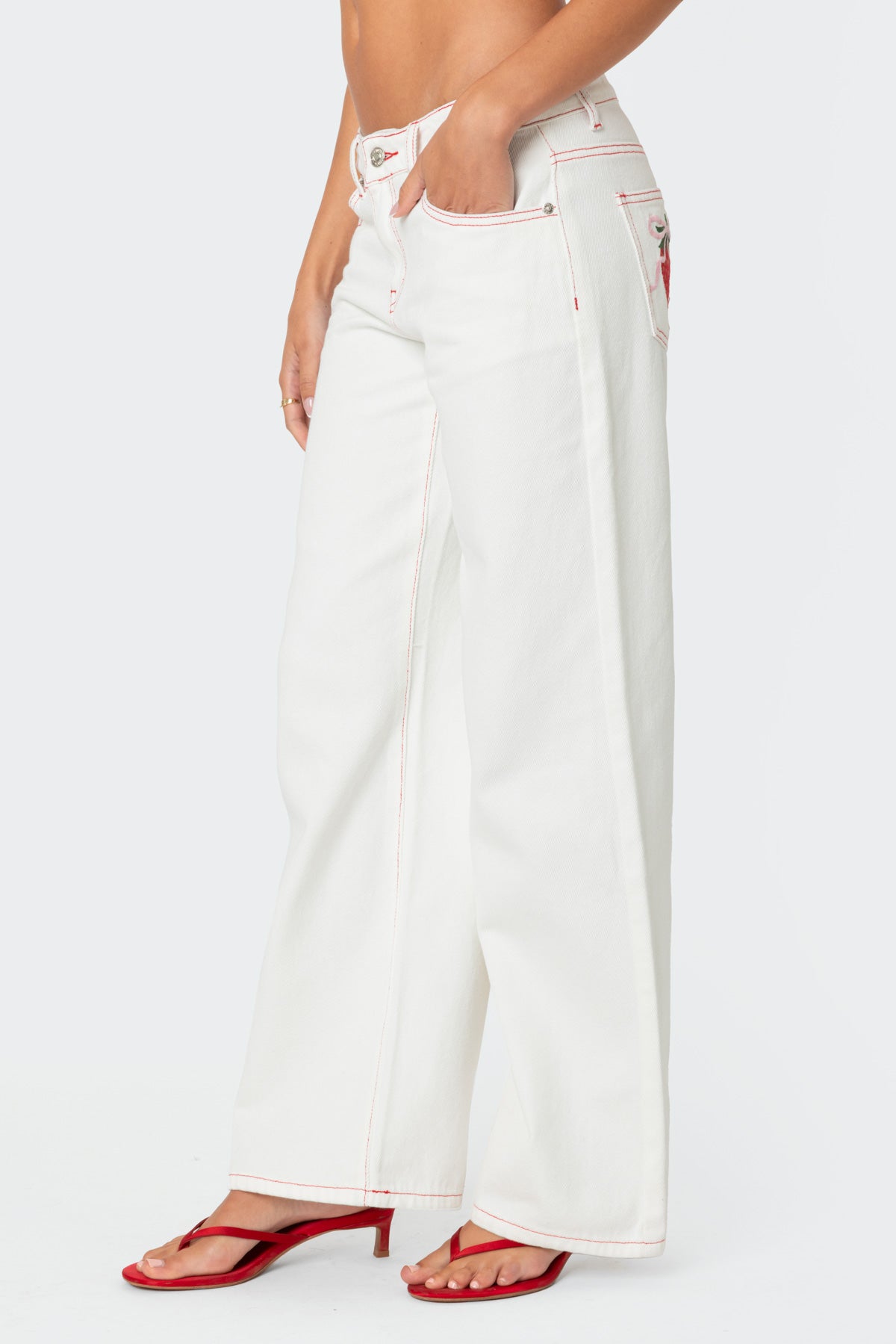 Strawberry Bow Pocket Low Rise Baggy Jeans