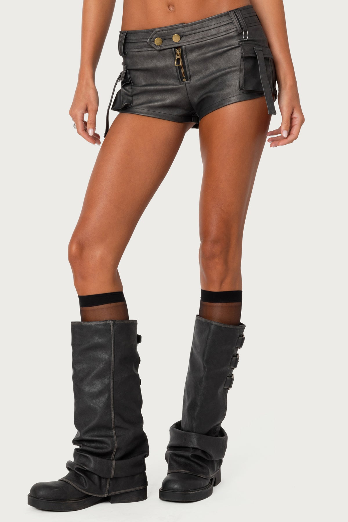 Washed Faux Leather Micro Cargo Shorts