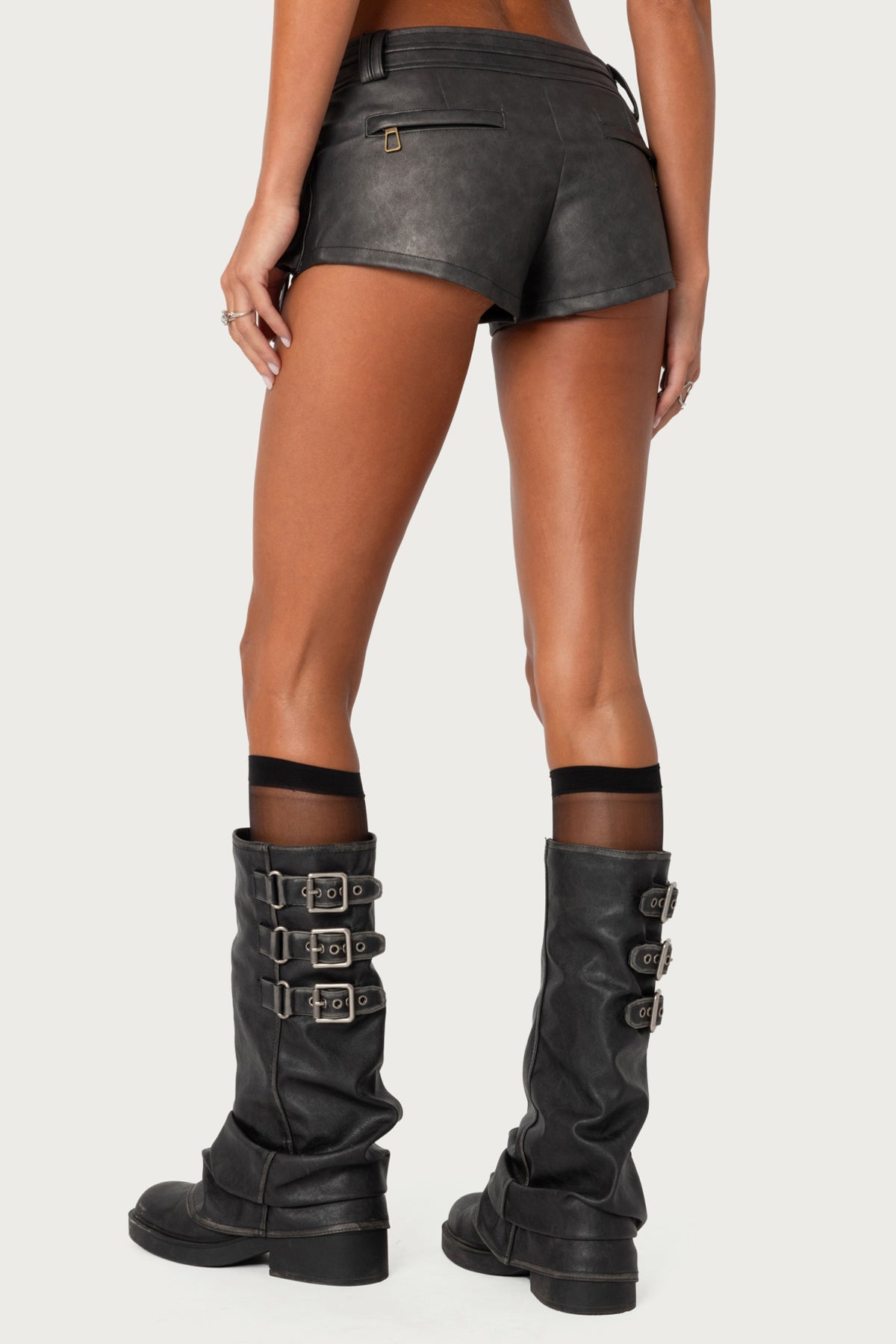 Washed Faux Leather Micro Cargo Shorts