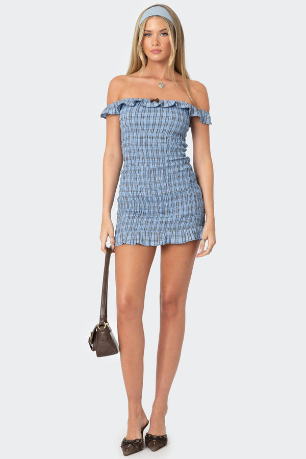 Off Shoulder Scrunched Plaid Mini Dress view 1
