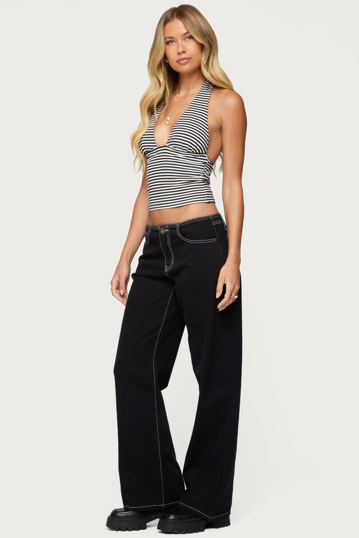 Contrast Stitch Low Rise Wide Leg Jeans