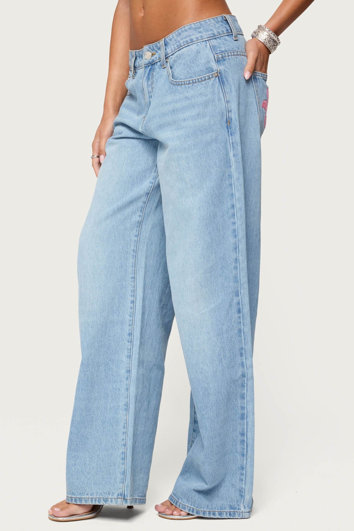 Mirra Embroidered Flower Low Rise Baggy Jeans