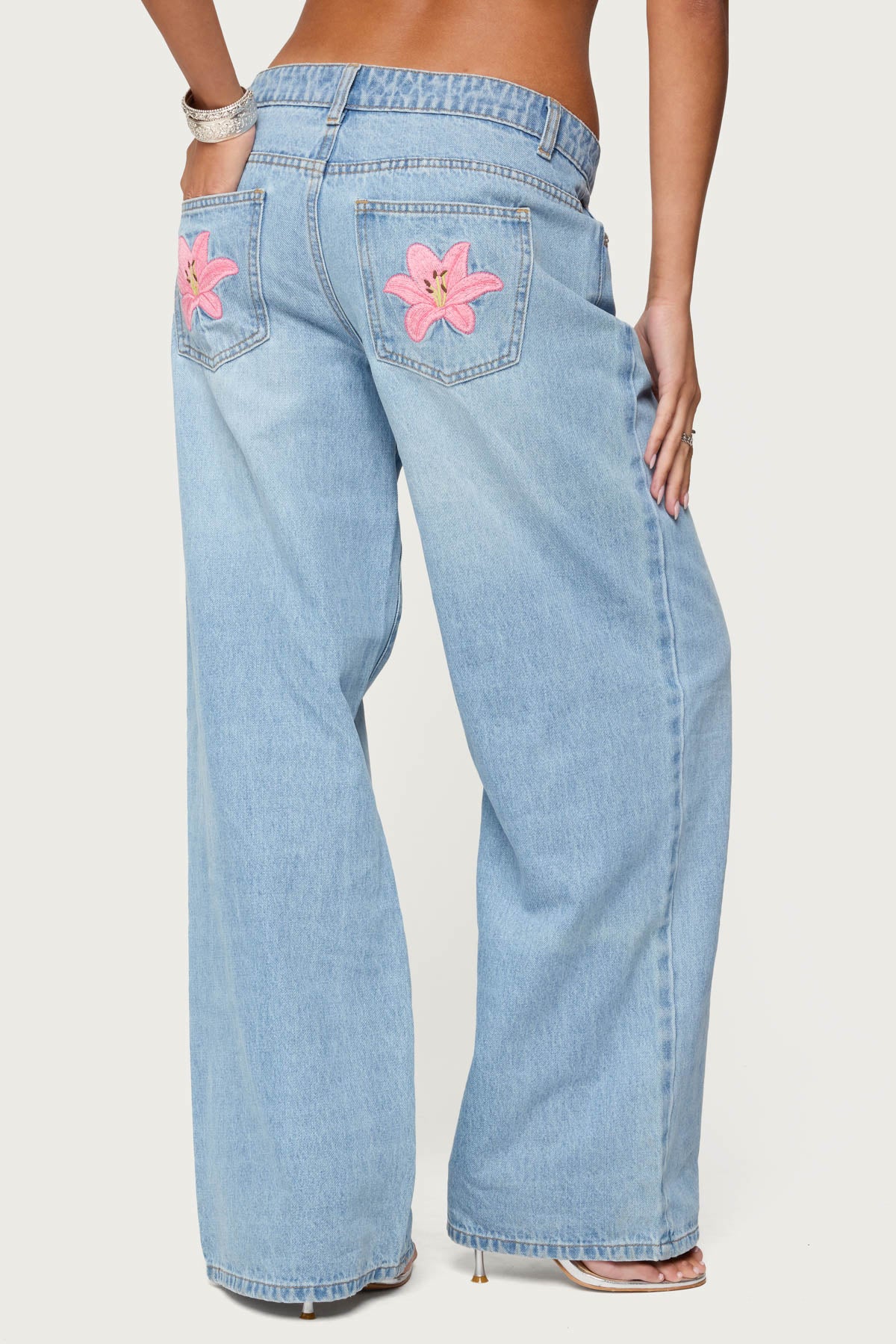 Mirra Embroidered Flower Low Rise Baggy Jeans