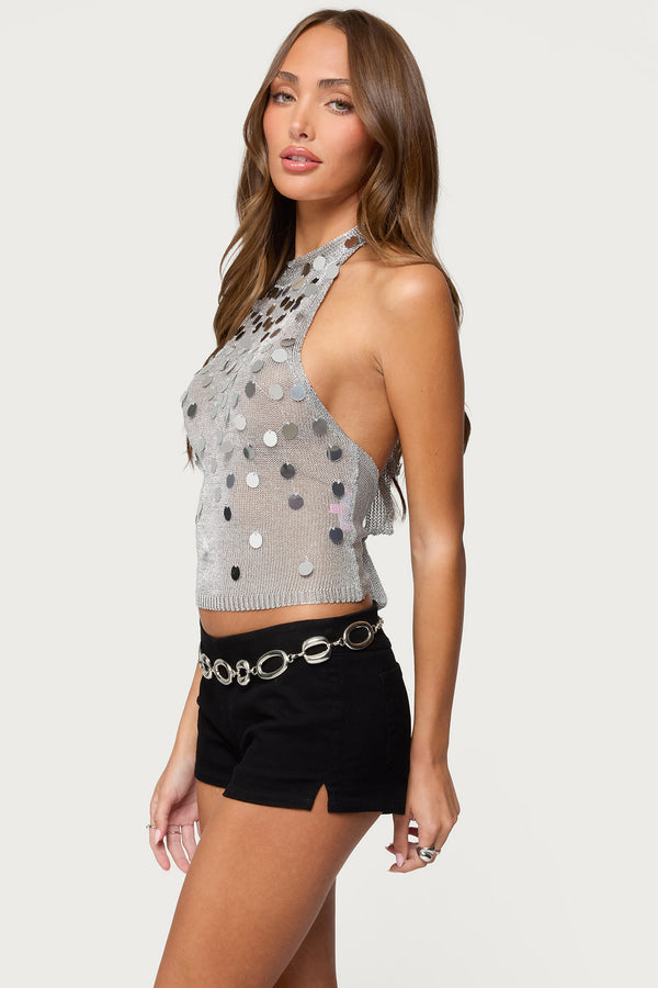 Shiny Sequin Backless Halter Top view 2