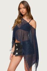 Sequin Fringe Knit Poncho