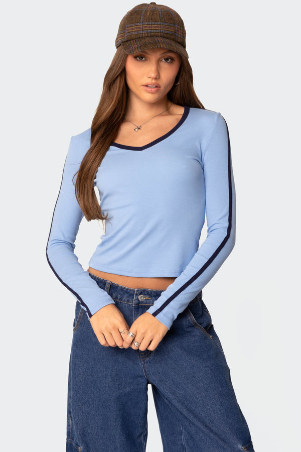 Contrast V Neck Long Sleeve T Shirt view 1