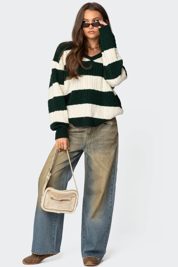 Oversized Striped Cable Knit Sweater view 2